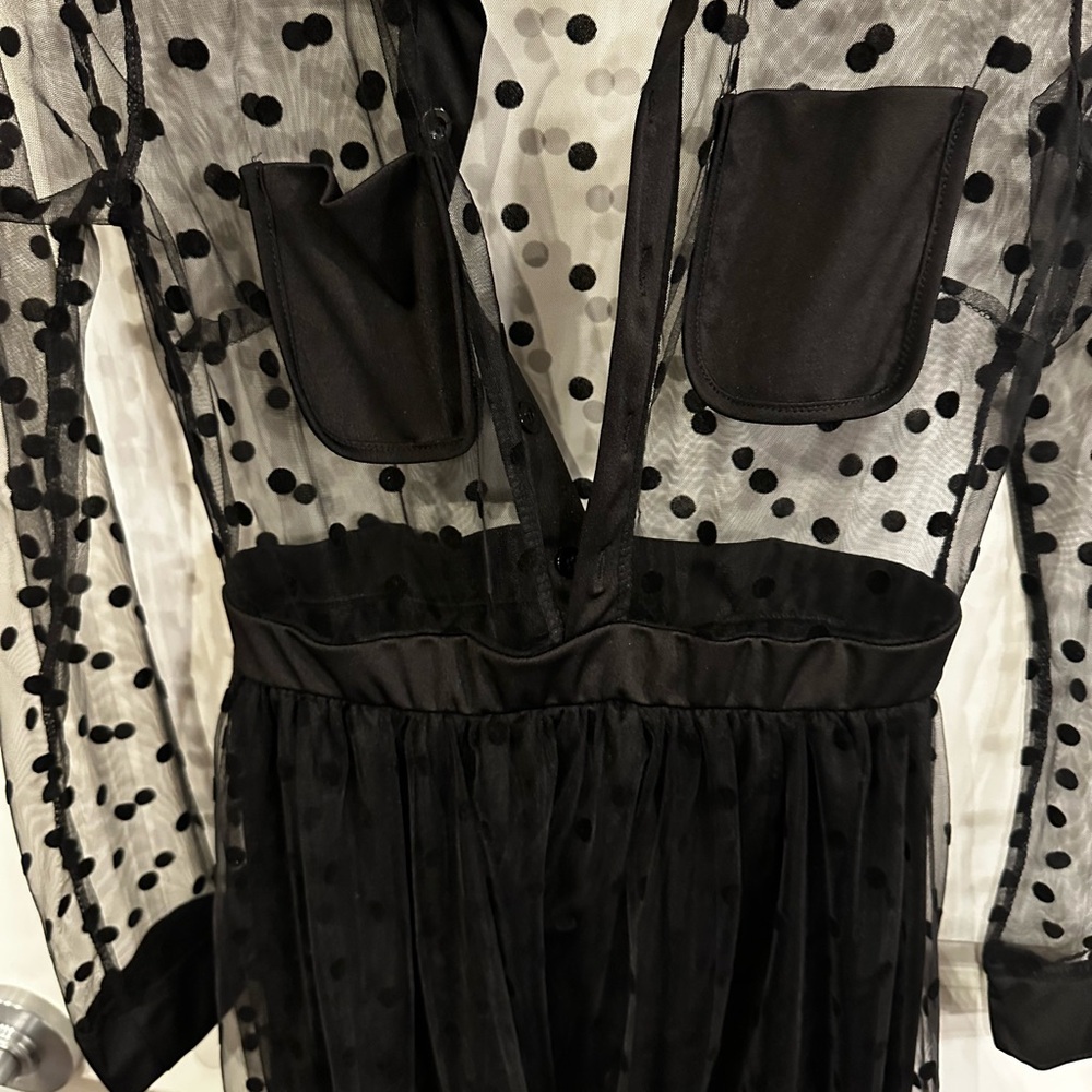 Black Sheer Polka Dot Long-Sleeve Maxi Dress – Size S - Picture 3 of 8